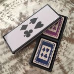 Bamboo lacquer box, containing two packs of playing cards in navy and purple