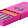 Fuchsia sleeved card box, silver card suits on lid, containing two decks of playing cards in orange and purple