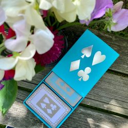 turquoise sleeved card box containing duck egg and pale lavender playing cards