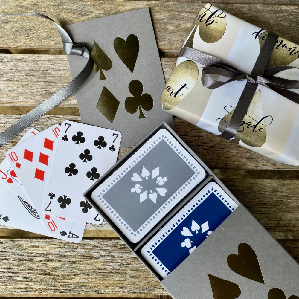 Grey and navy playing card set in grey sleeve box