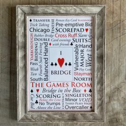 A3 picture of lots of bridge terms, framed in an aged oak style frame.