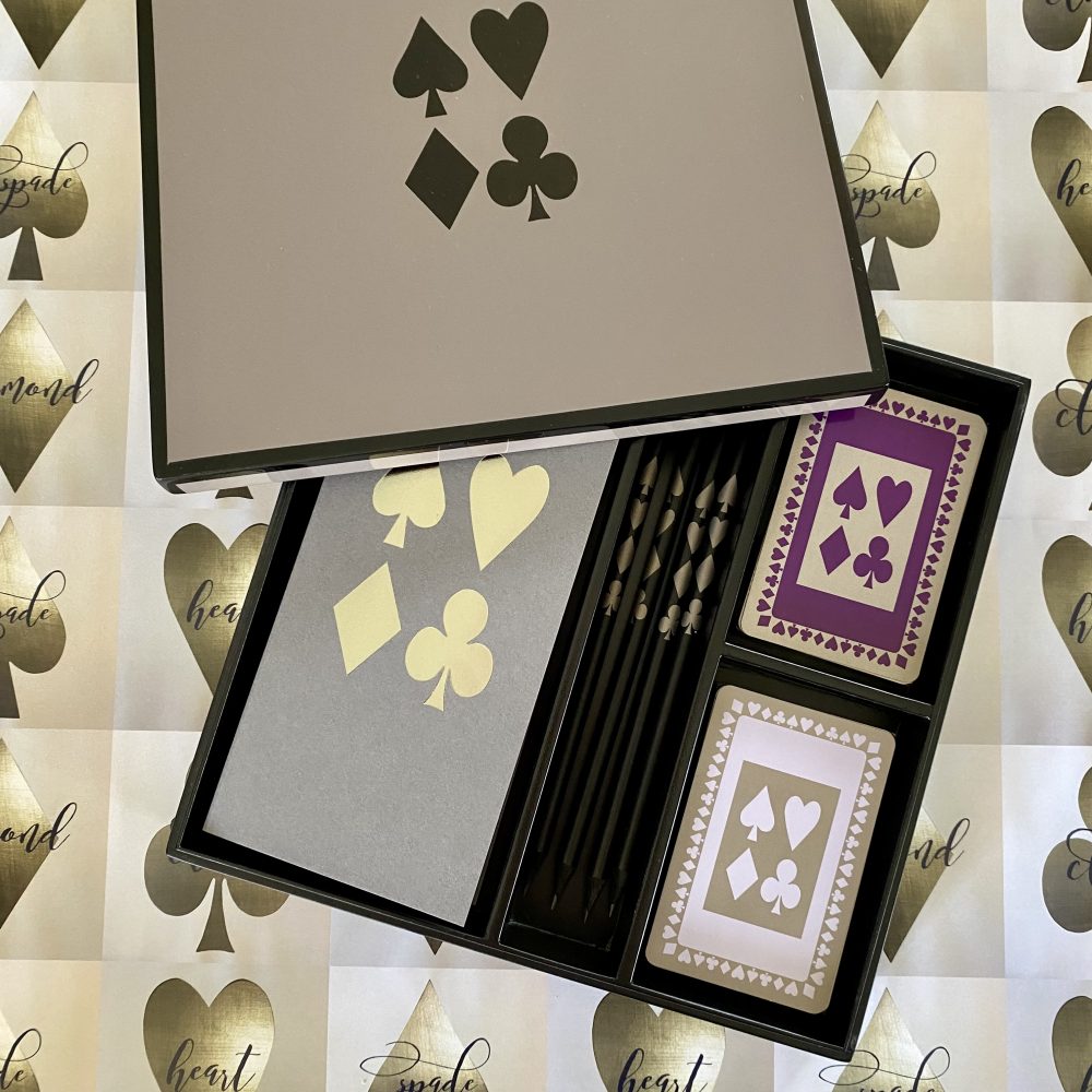 Complete bridge game in grey lacquer box with 4 pencils, 4 grey scorepads plus purple and pale lavender playing cards