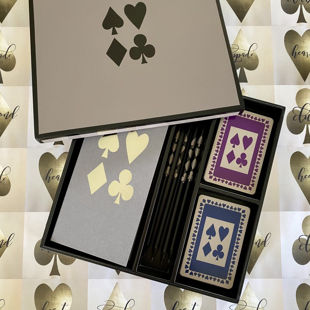 Complete luxury bridge set in grey lacquer bamboo box with 4 pencils, 4 grey score pads in either rubber or chicago with navy and purple playing cards