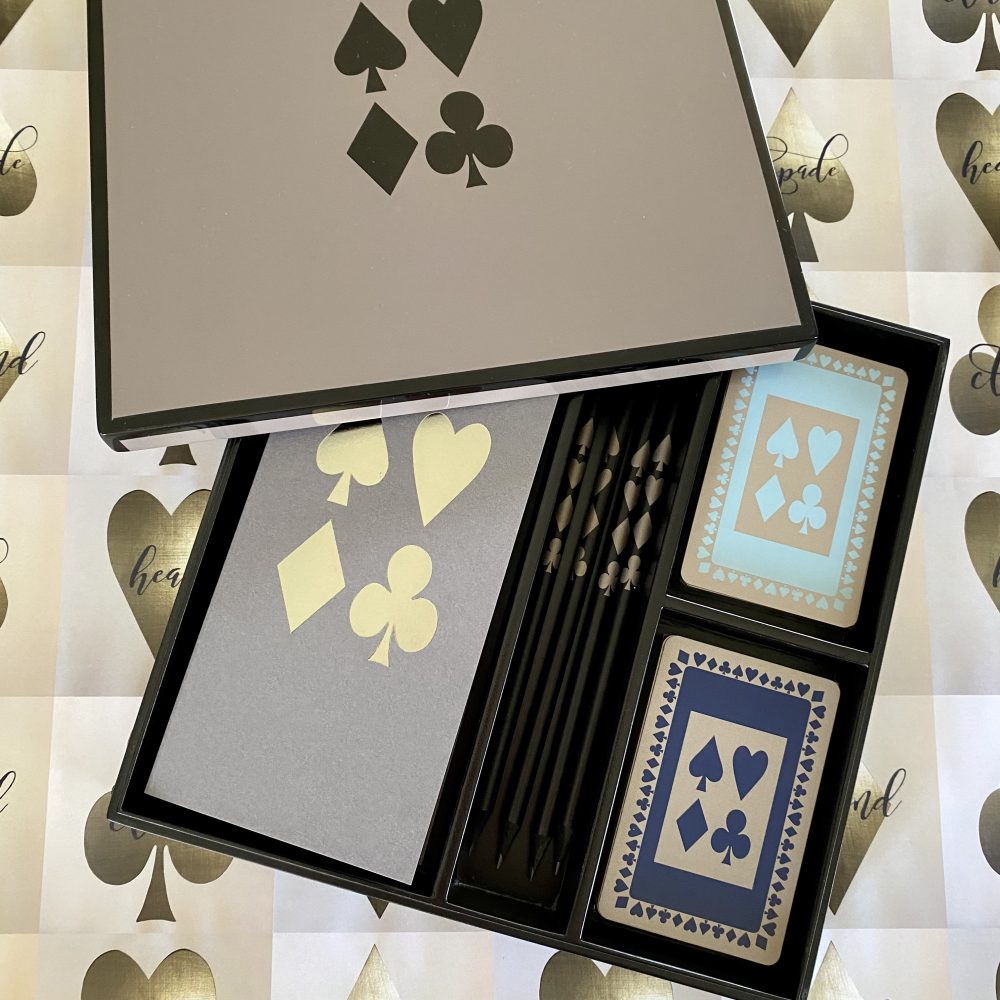 Complete bridge game in lacquered grey box, containing 4 grey scorepads in either chicago or rubber with 4 pencils and duck egg and navy playing cards